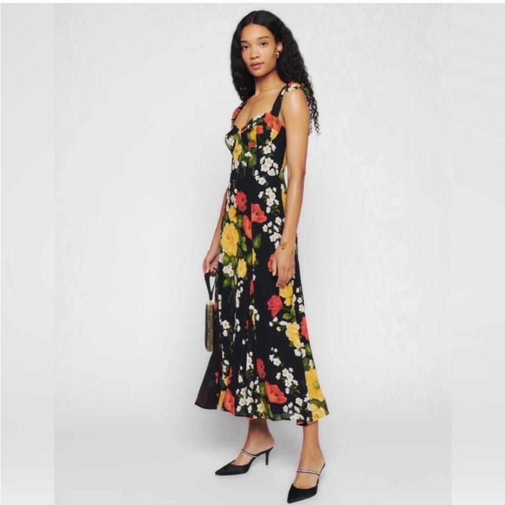 Reformation Floral Tie-Shoulder Midi Dress in Black with Yellow & Red Blooms